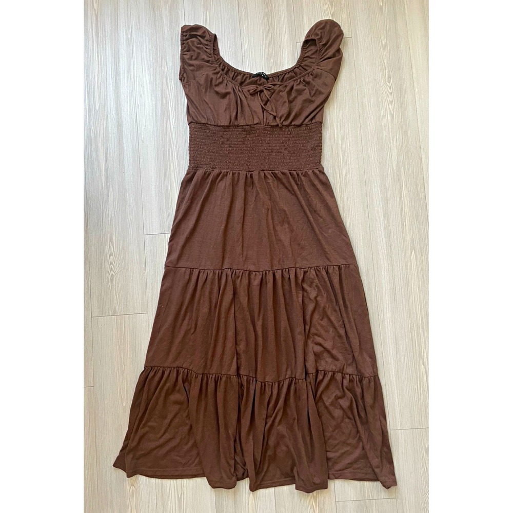 Just Love Women's Brown Maxi Dress Smocked Waist Scoop Neck Sz M Cottagecore
